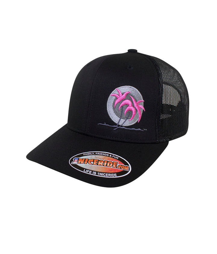 Blade Retro Trucker Hat with NICERIDE logo and embroidered pink palm trees on the front panel, a stylish hat.