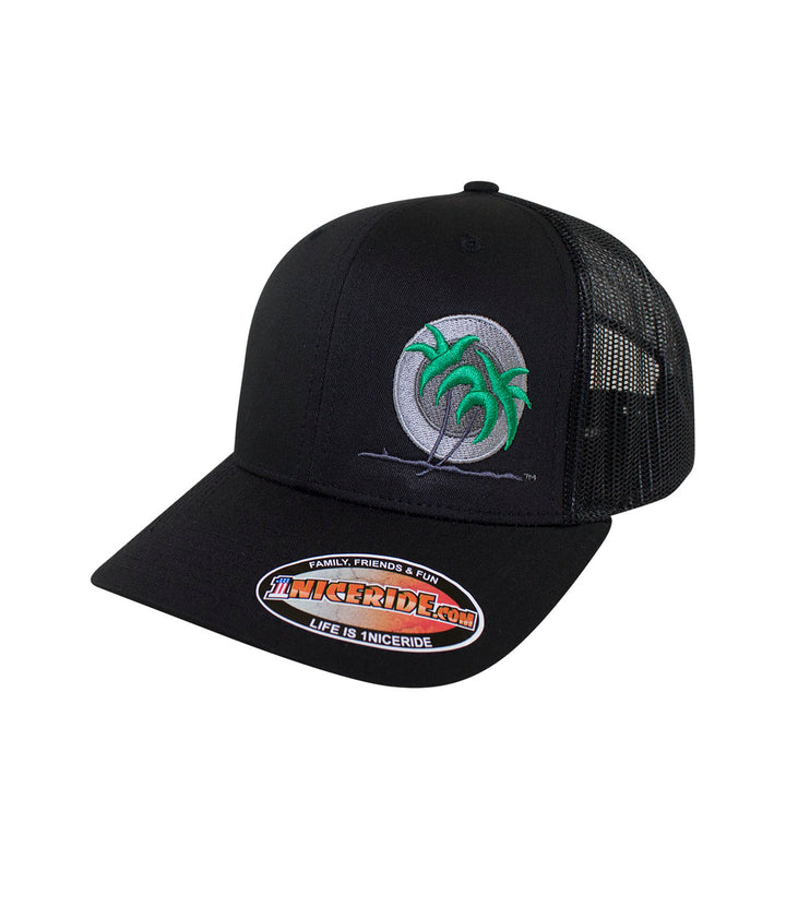 Blade Retro Trucker Hat featuring blacked out palm logo on front and NICERIDE embroidered on the side.