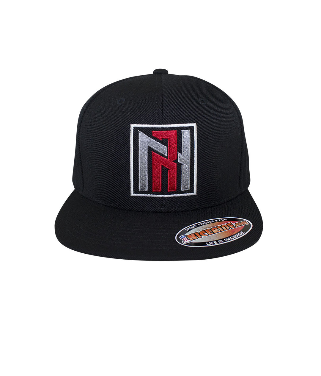 N-R snapback hat featuring an embroidered logo on a classic black baseball cap design.