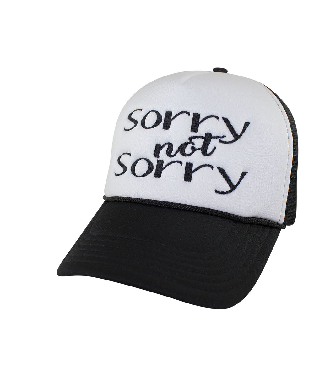 Foam Trucker Hat featuring "Sorry not Sorry" embroidered on the front panel, perfect for casual styling.