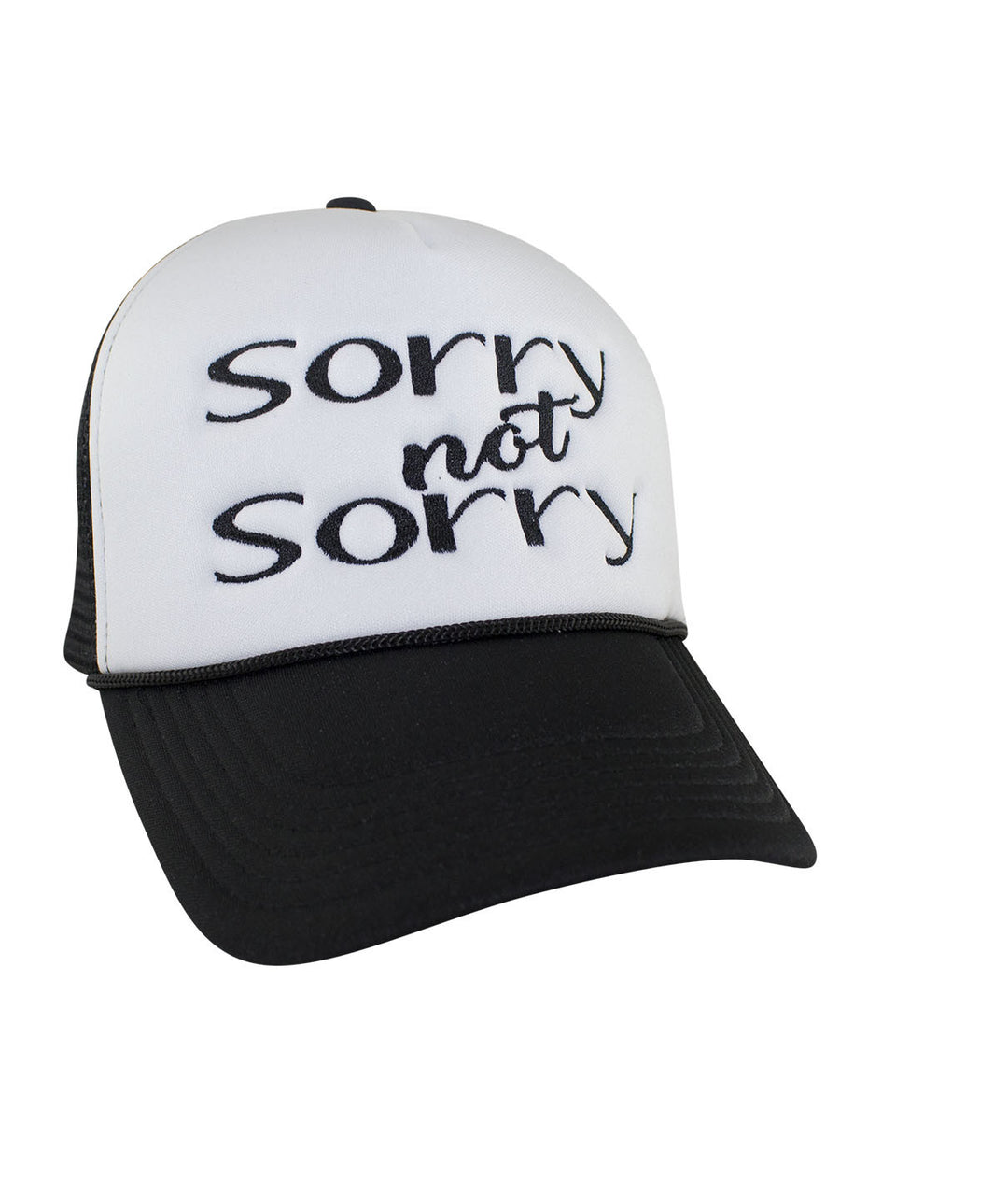 Foam Trucker Hat featuring 'Sorry not Sorry' embroidery, perfect for those who are not really sorry, showcasing the hat style.