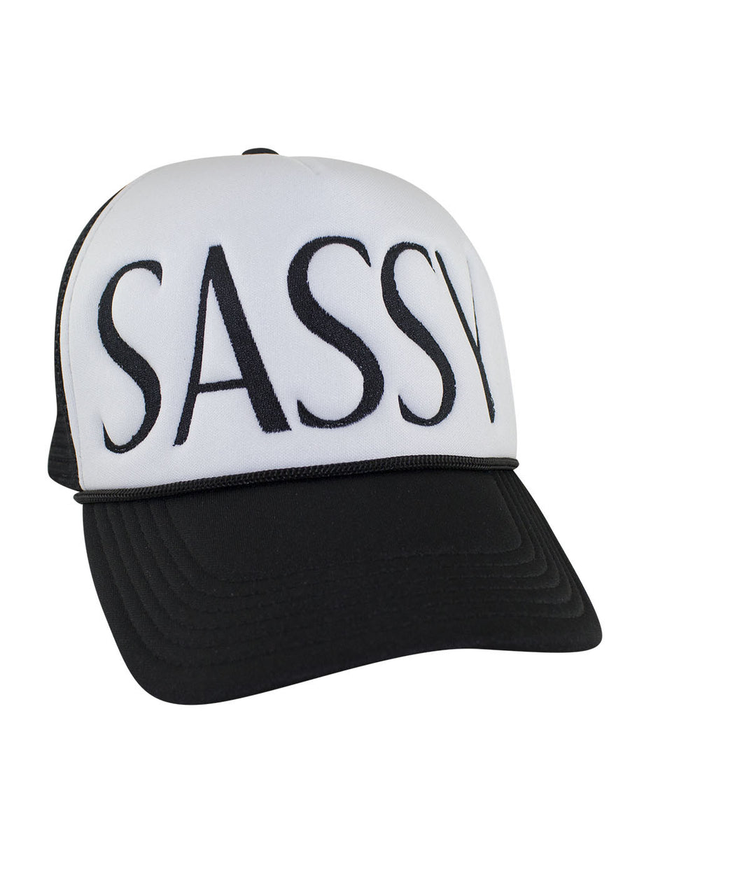 Sassy Foam Trucker Cap featuring embroidered text on front and black mesh design, perfect for casual wear.