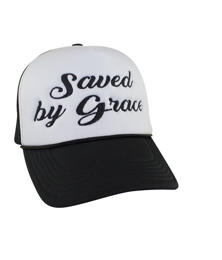 Saved by Grace Foam Trucker Hat with embroidered details, a stylish baseball cap perfect for all occasions.
