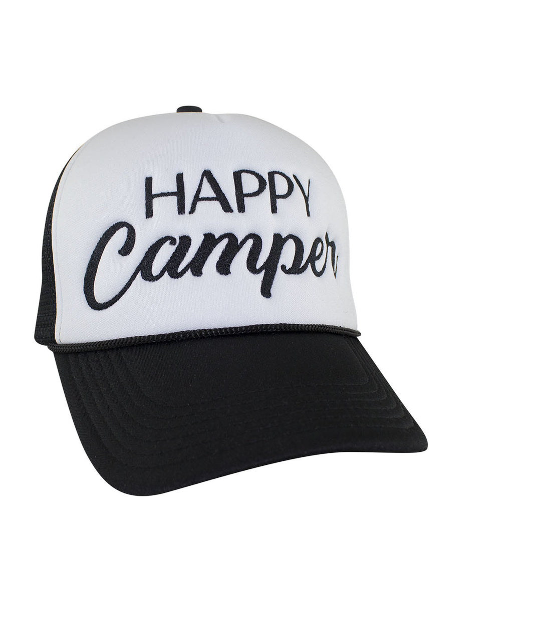 Happy Camper foam trucker hat with embroidered text on a white and black design, perfect for outdoor enthusiasts.