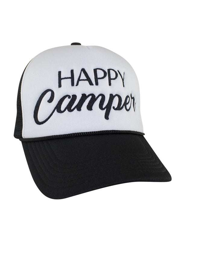 Happy Camper foam trucker hat with embroidered text on a white and black design, perfect for outdoor enthusiasts.