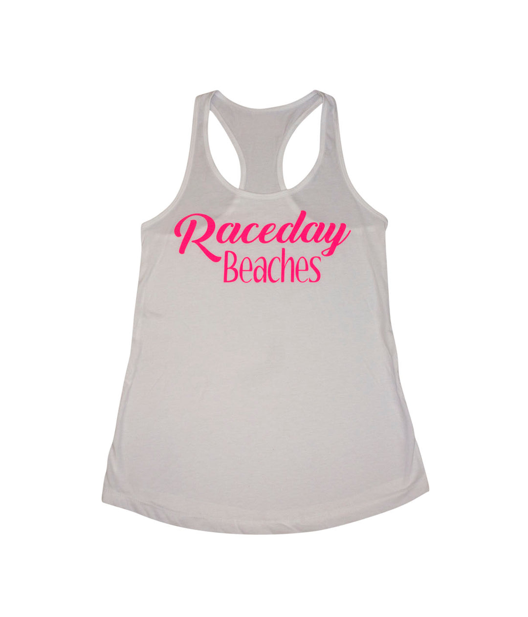Raceday Beaches tank top featuring a pink logo on a white Next Level women&