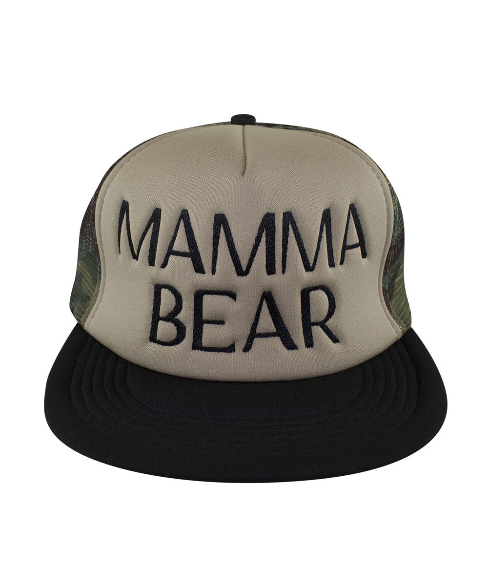 Mamma Bear Camo Foam Trucker Hat, embroidered hat with black brim and camouflage sides.
