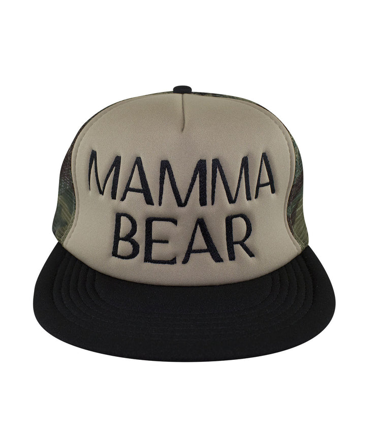 Mamma Bear Camo Foam Trucker Hat, embroidered hat with black brim and camouflage sides.
