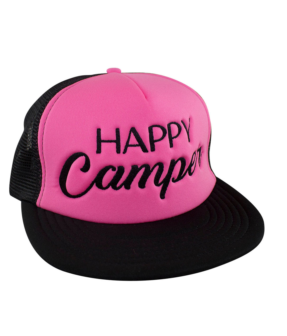 Happy Camper District Foam Trucker Hat with embroidered text, a vibrant pink front and black mesh sides, perfect outdoor accessory.