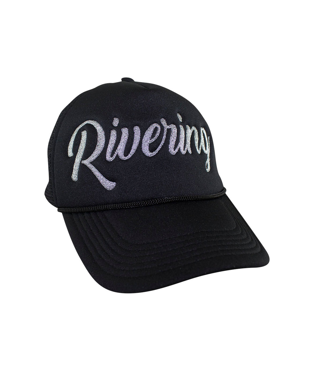 Black Foam Trucker Hat with "Rivering" embroidered, perfect for river adventures.