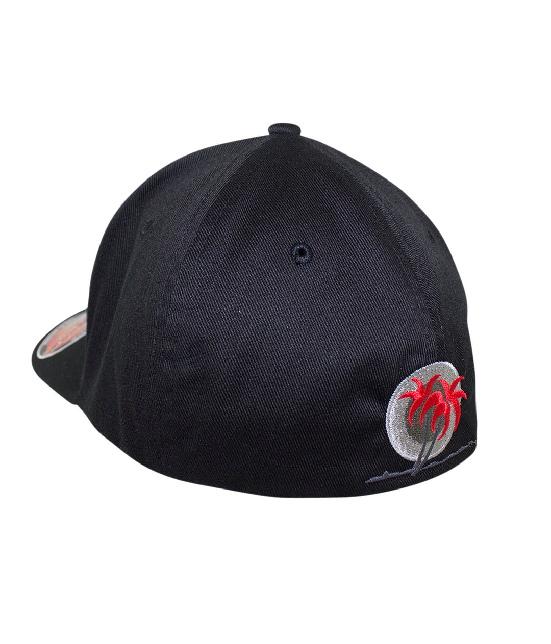 Back view of a black classic Flexfit hat with embroidered palm logo, perfect for stylish casual wear.