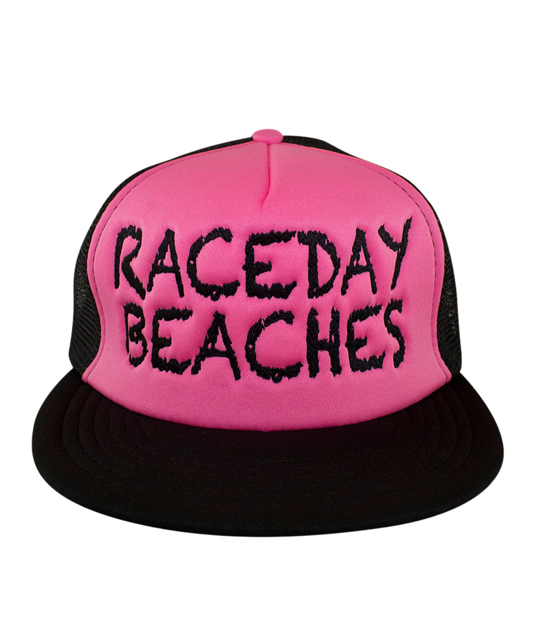 Raceday Beaches District Foam Trucker Hat in pink with black mesh, stylish hat for casual wear.