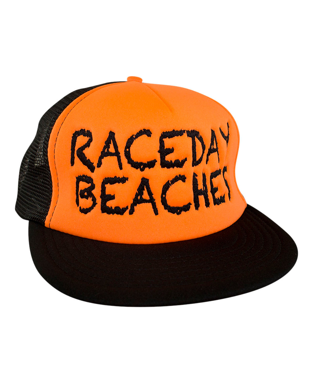 Raceday Beaches District Foam Trucker Hat with orange front and black mesh, perfect for outdoor events.