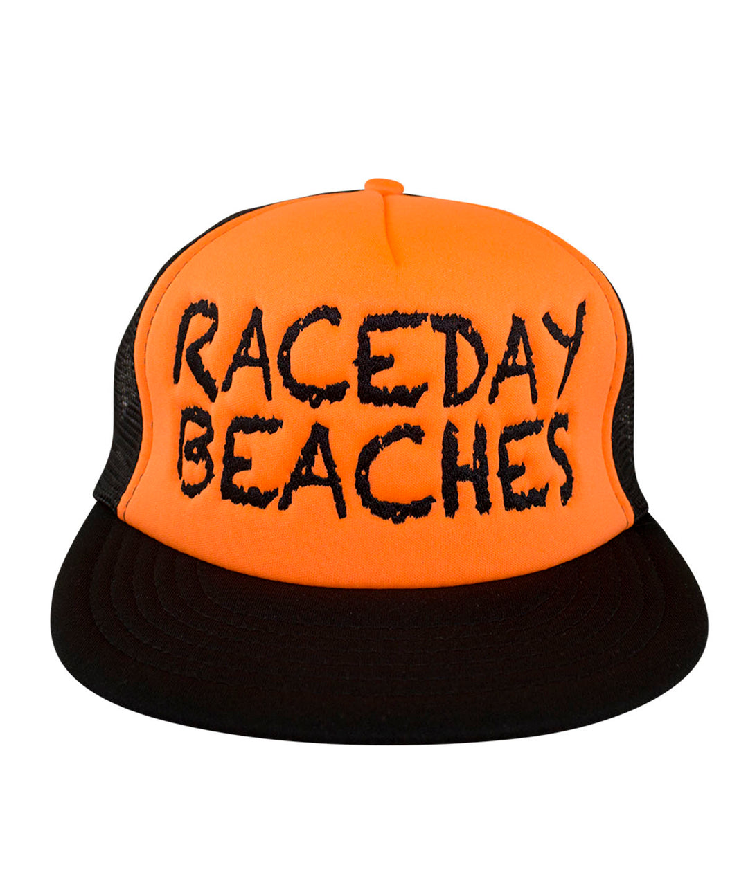 Raceday Beaches District Foam Trucker Hat featuring orange color and black bill, perfect summer accessory, great hat for outdoor activities.
