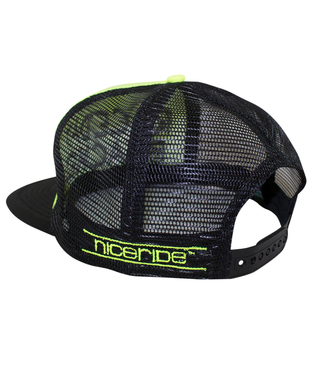 Back view of Raceday Beaches District Foam Trucker Hat showing NICERIDE embroidery and mesh design.