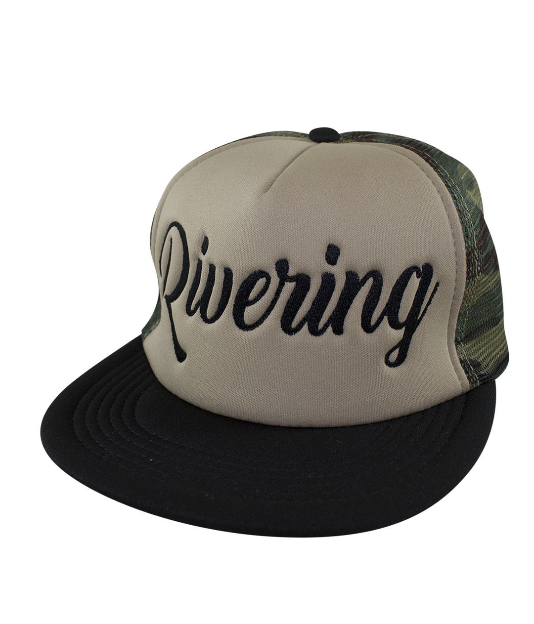 Rivering Camo Foam Trucker Hat featuring embroidered text on front and camo mesh design.