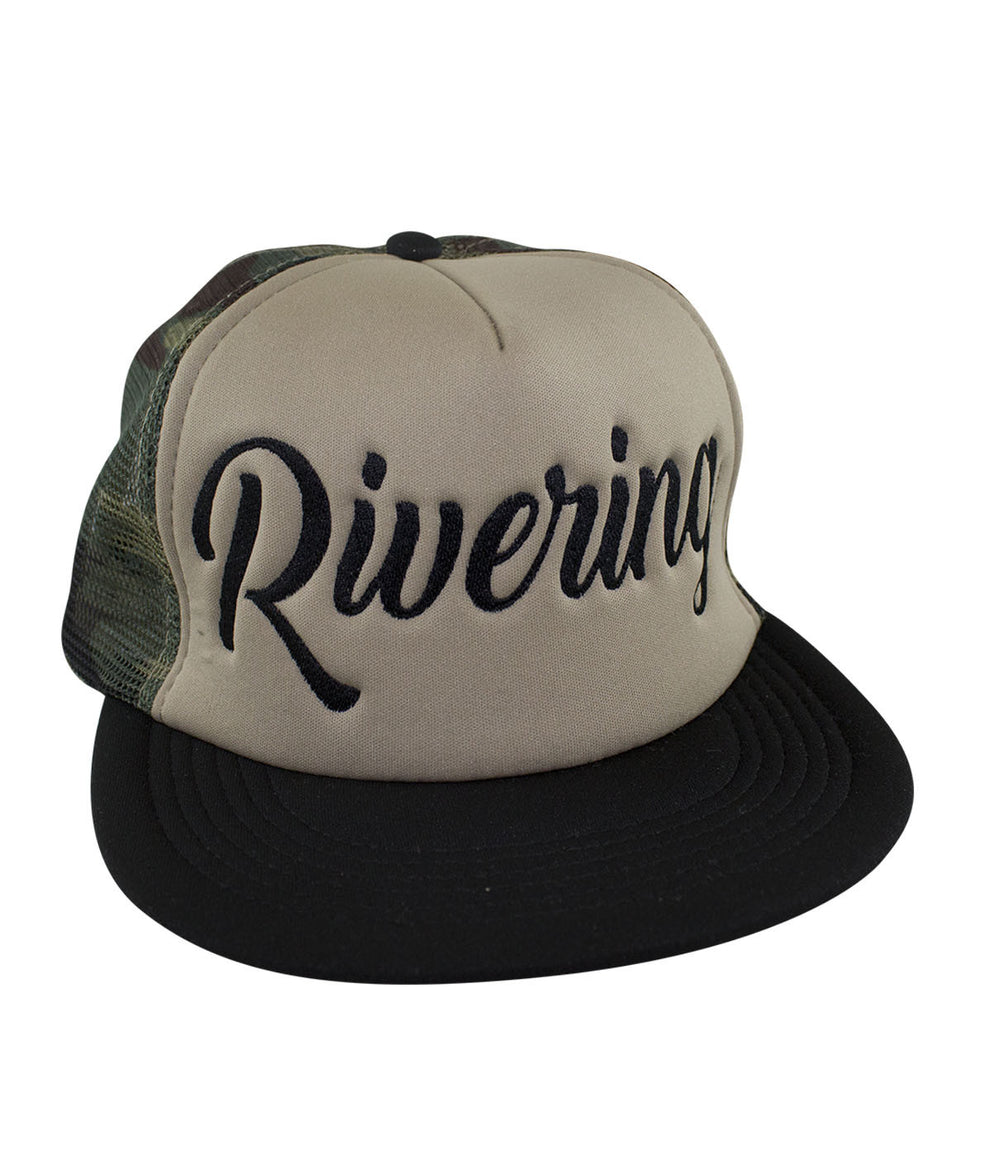 Camo Foam Trucker Hat featuring 'Rivering' embroidered on the front panel, stylish and durable.