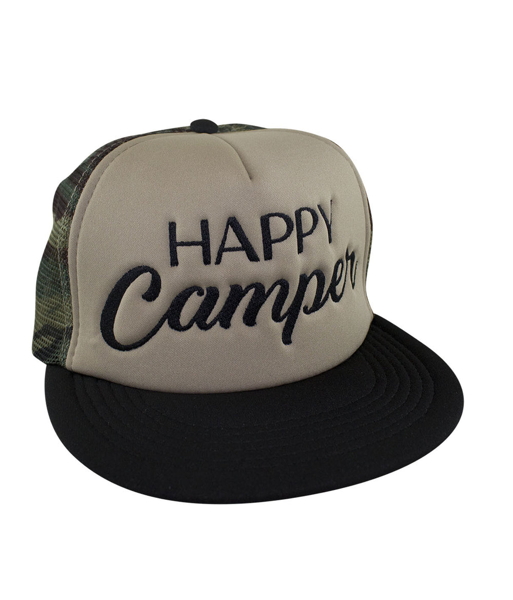 Happy Camper Camo Foam Trucker Hat with black brim and embroidered text, perfect hat for outdoor enthusiasts.