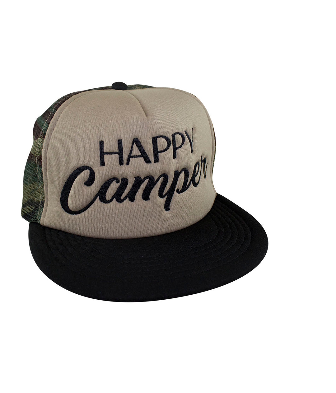 Happy Camper District Foam Trucker Hat featuring embroidered text, perfect for outdoor adventures.