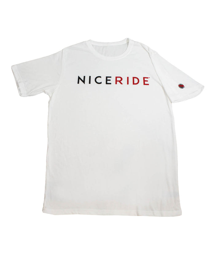 Essential shirt for men, cotton blend t-shirt with NICE RIDE logo, short sleeves, available in multiple colors.