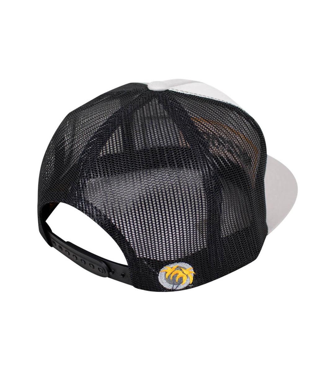 Back view of the Dozer trucker hat showcasing the embroidered palm logo on a black mesh design.