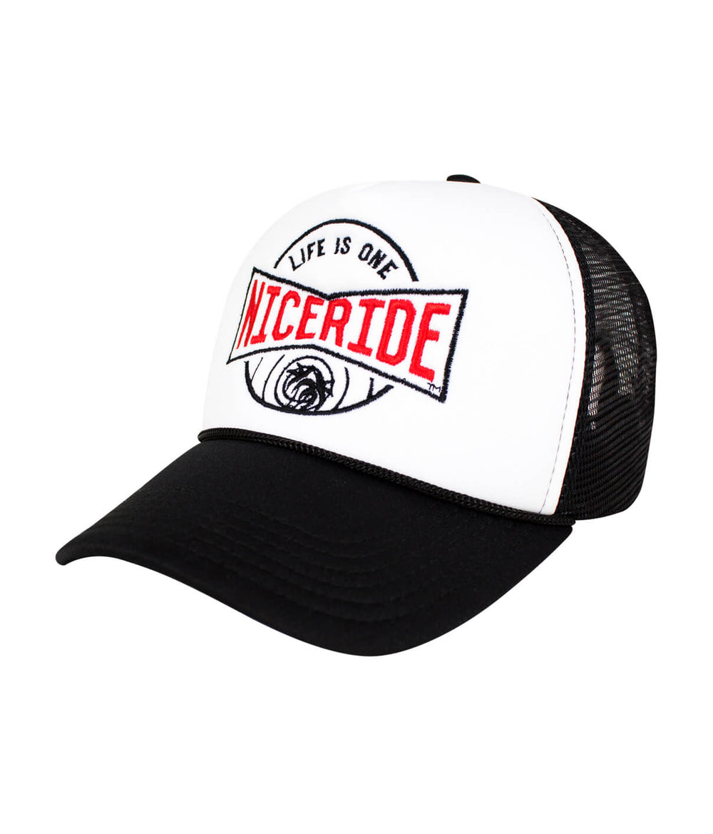 Foam Trucker Hat with NICERIDE logo, perfect for stylish hat enthusiasts.
