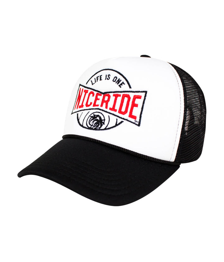 Foam Trucker Hat with NICERIDE logo, perfect for stylish hat enthusiasts.