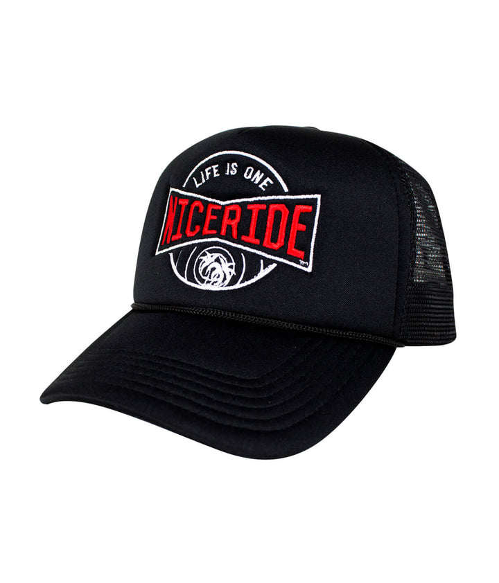 Black Foam Trucker Hat with NICERIDE logo embroidered, perfect fashionable accessory for casual wear.