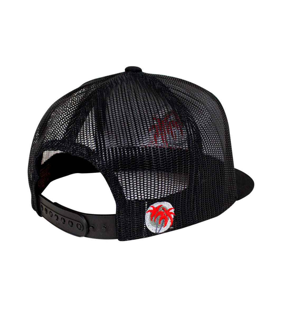 Back view of Metro Palm Trucker Baseball Cap featuring black mesh and palm logo embroidery. Perfect hat for casual wear.