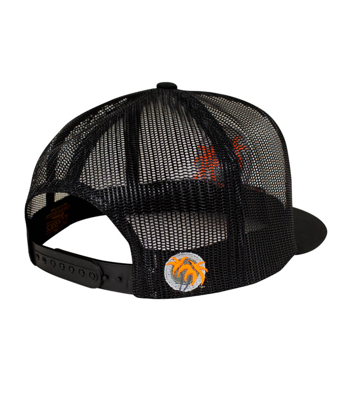 Back view of a black mesh trucker baseball cap featuring embroidered designs, perfect stylish hat for casual wear.