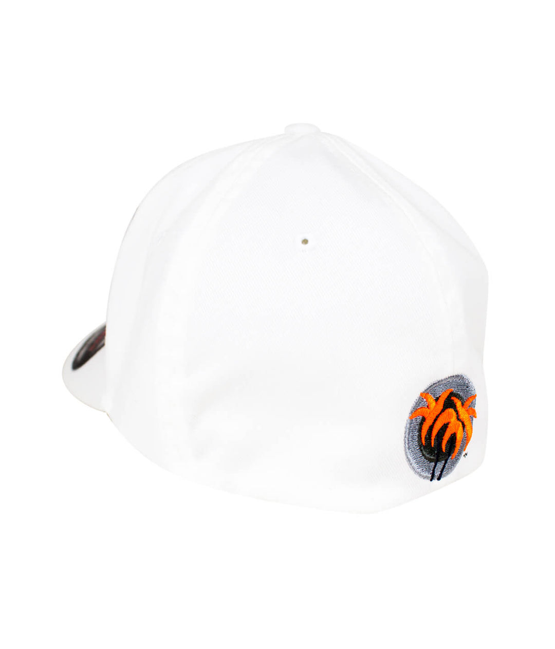 Back view of the Fin, Set, Sail Classic Flexfit Hat showcasing the blacked out palm logo with orange leaves.