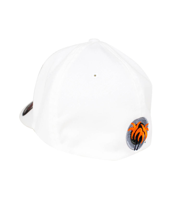 Back view of the Fin, Set, Sail Classic Flexfit Hat showcasing the blacked out palm logo with orange leaves.