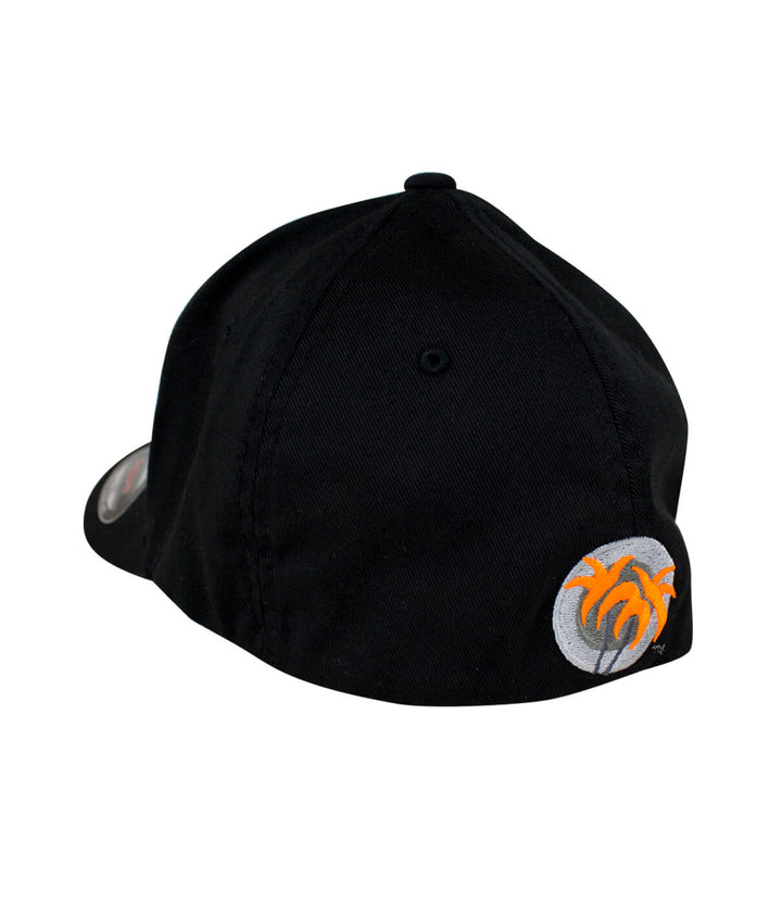 Back view of a black classic Flexfit Hat featuring an orange palm logo on the side.