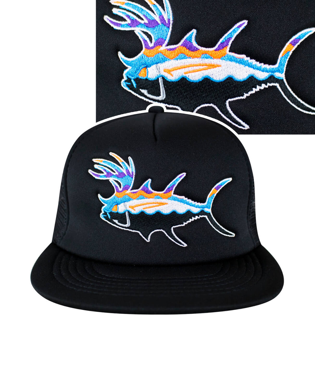 A black foam trucker hat with a fish logo on it.