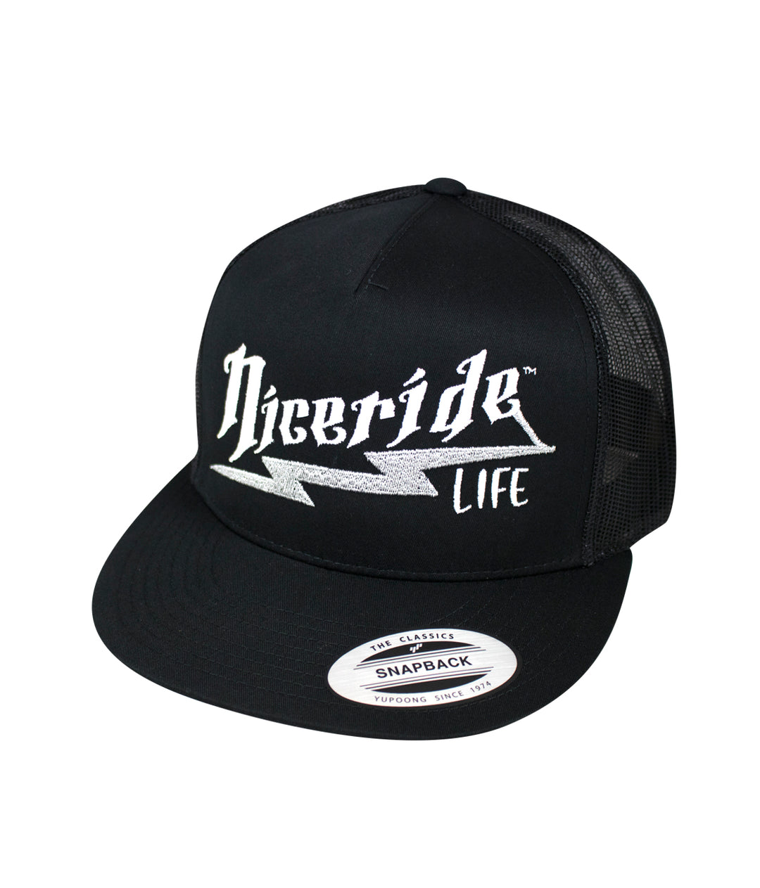 Shocker trucker hat by NICERIDE featuring embroidered design on front and adjustable snapback closure.