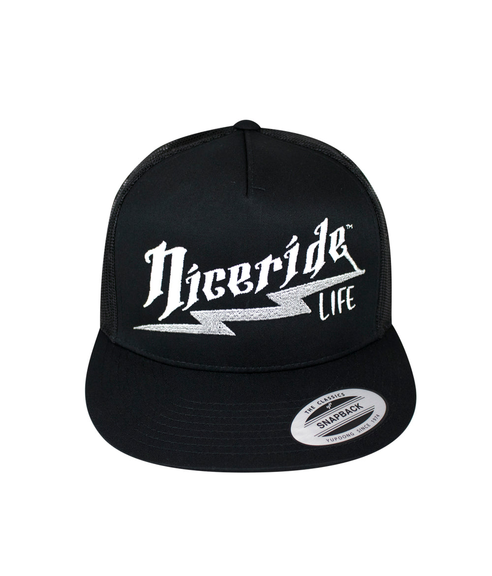 Shocker trucker hat featuring NICERIDE's embroidered design on the front panel and classic snapback style.