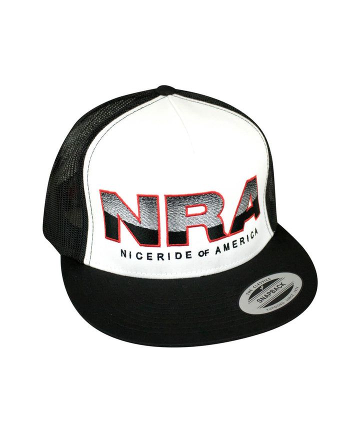 Conservative Trucker Hat featuring NRA design embroidered on the front panel and blacked out palm logo, classic snapback style.
