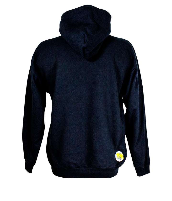 Back view of black pullover hoodie featuring palm logo on the right hip, perfect for stylish comfort.