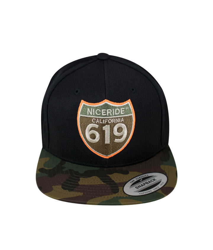 Interstate 619 snapback hat with NICERIDE logo and camo brim design, perfect for casual wear.