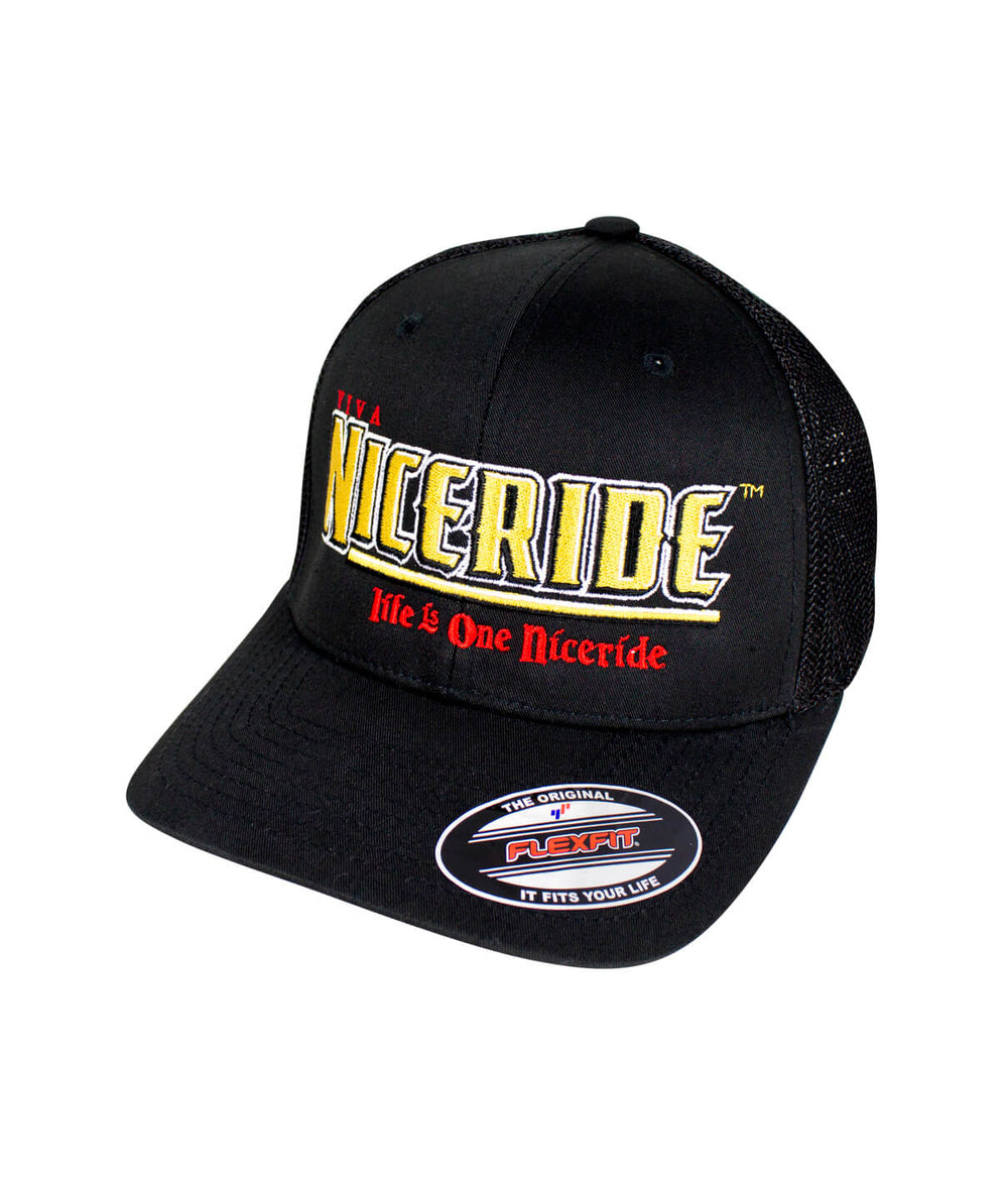 Viva NICERIDE Meshback Flexfit Hat with embroidered design and classic palm logo.