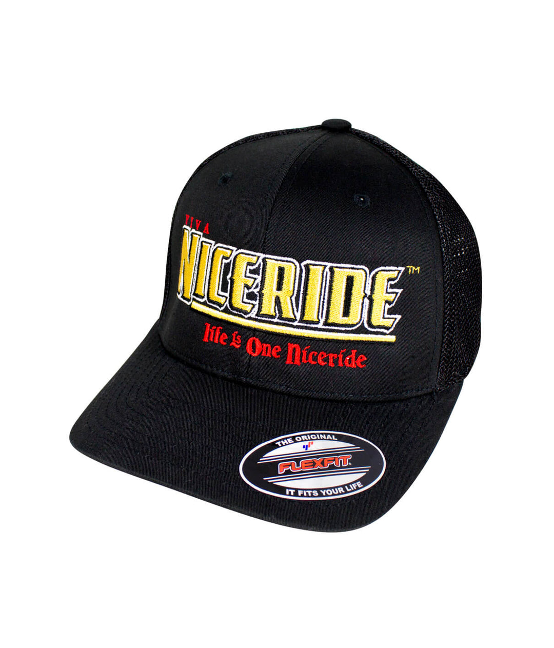 Viva NICERIDE Meshback Flexfit Hat with embroidered design and classic palm logo.