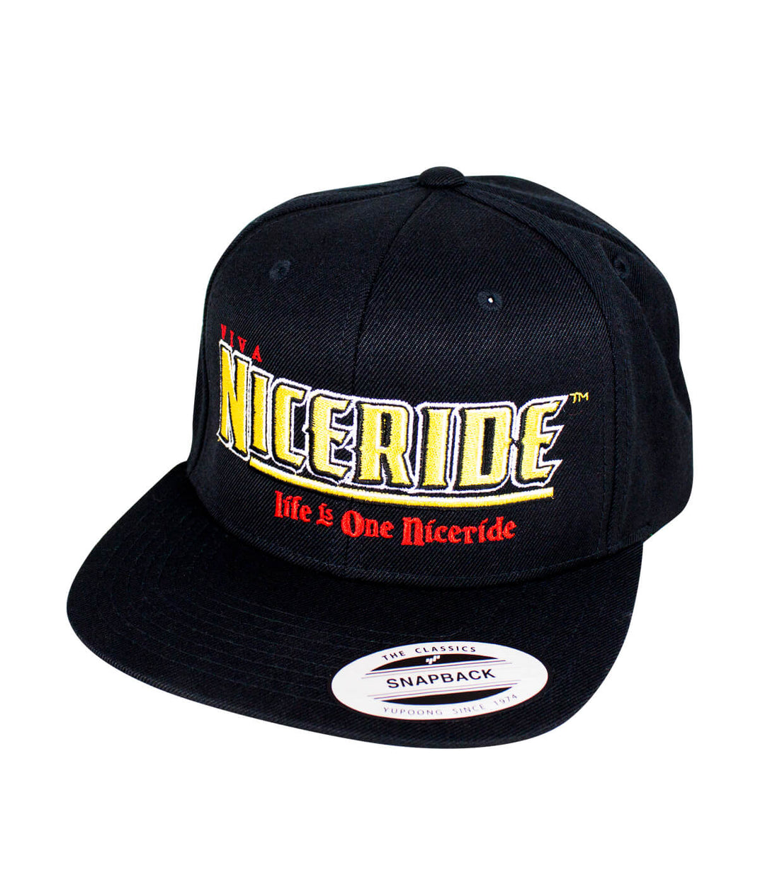 Viva NICERIDE Snapback hat featuring embroidered design and classic palm logo, made in the USA.