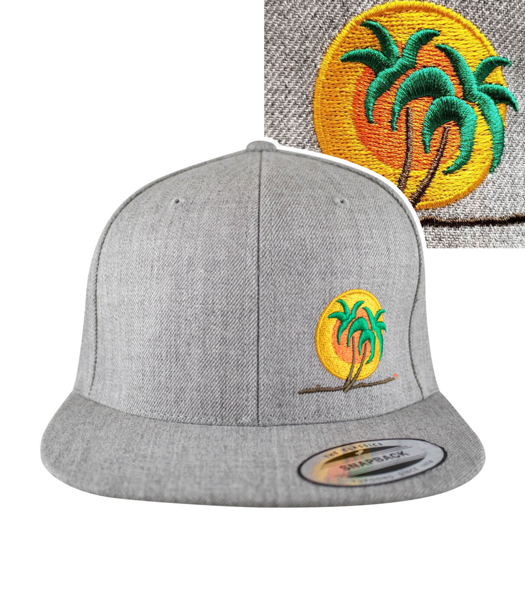 Classic Palm Snapback hat featuring NICERIDE logo embroidered on the front. Stylish gray hat for casual wear.