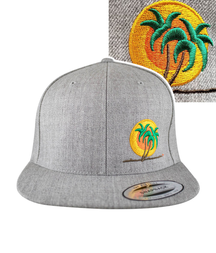 Classic Palm Snapback hat featuring NICERIDE logo embroidered on the front. Stylish gray hat for casual wear.