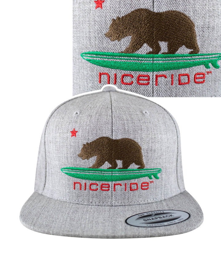 Hang 20 Heather Grey Snapback hat featuring a bear design and NICERIDE logo embroidered on the front.