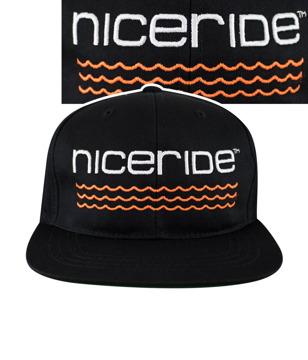 On The Water youth hat featuring NICERIDE logo and orange waves design on a classic snapback cap.