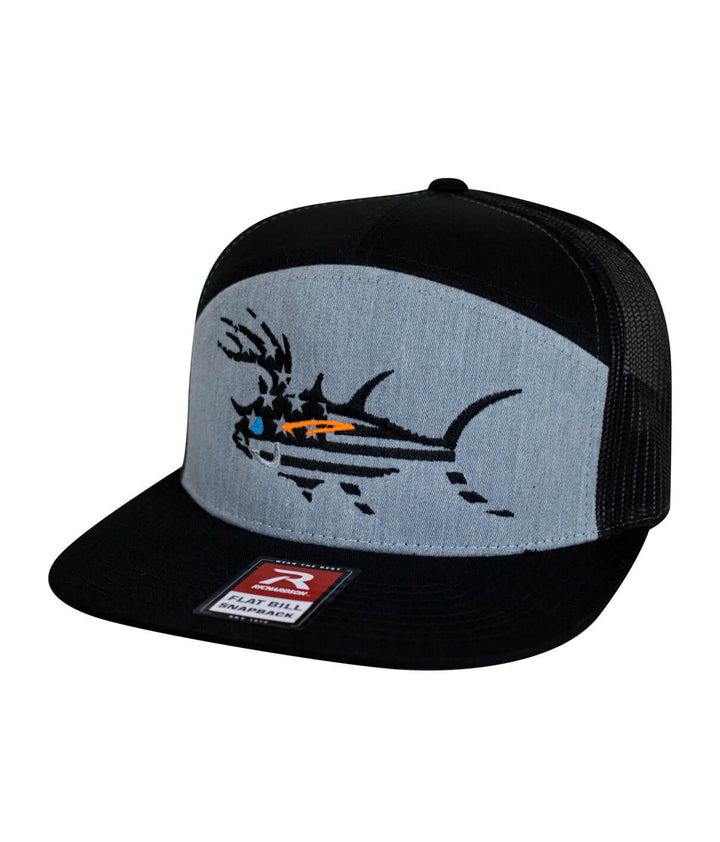 Gray and black 7-panel trucker hat featuring a bold embroidered fish design, ideal for fishing lovers.