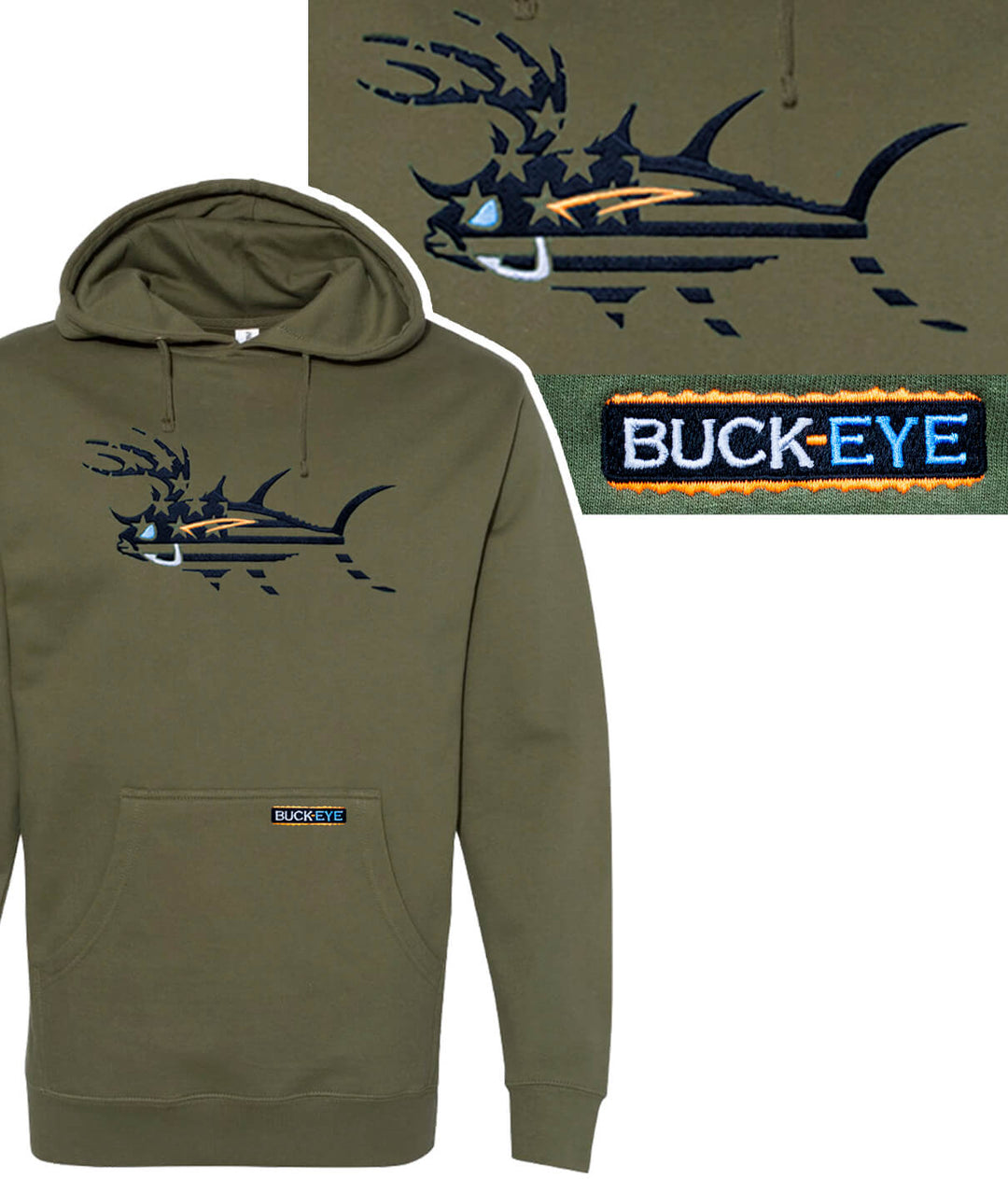 A green pullover hoodie with a fish embroidered on it.