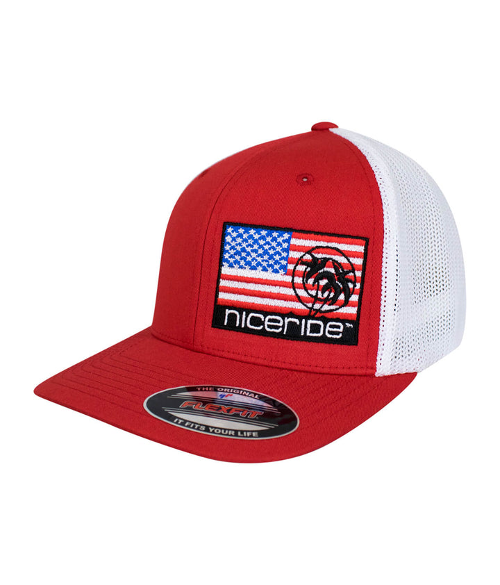 Pride Meshback Flexfit Hat featuring American flag and NICERIDE logo, perfect hat for style and comfort.
