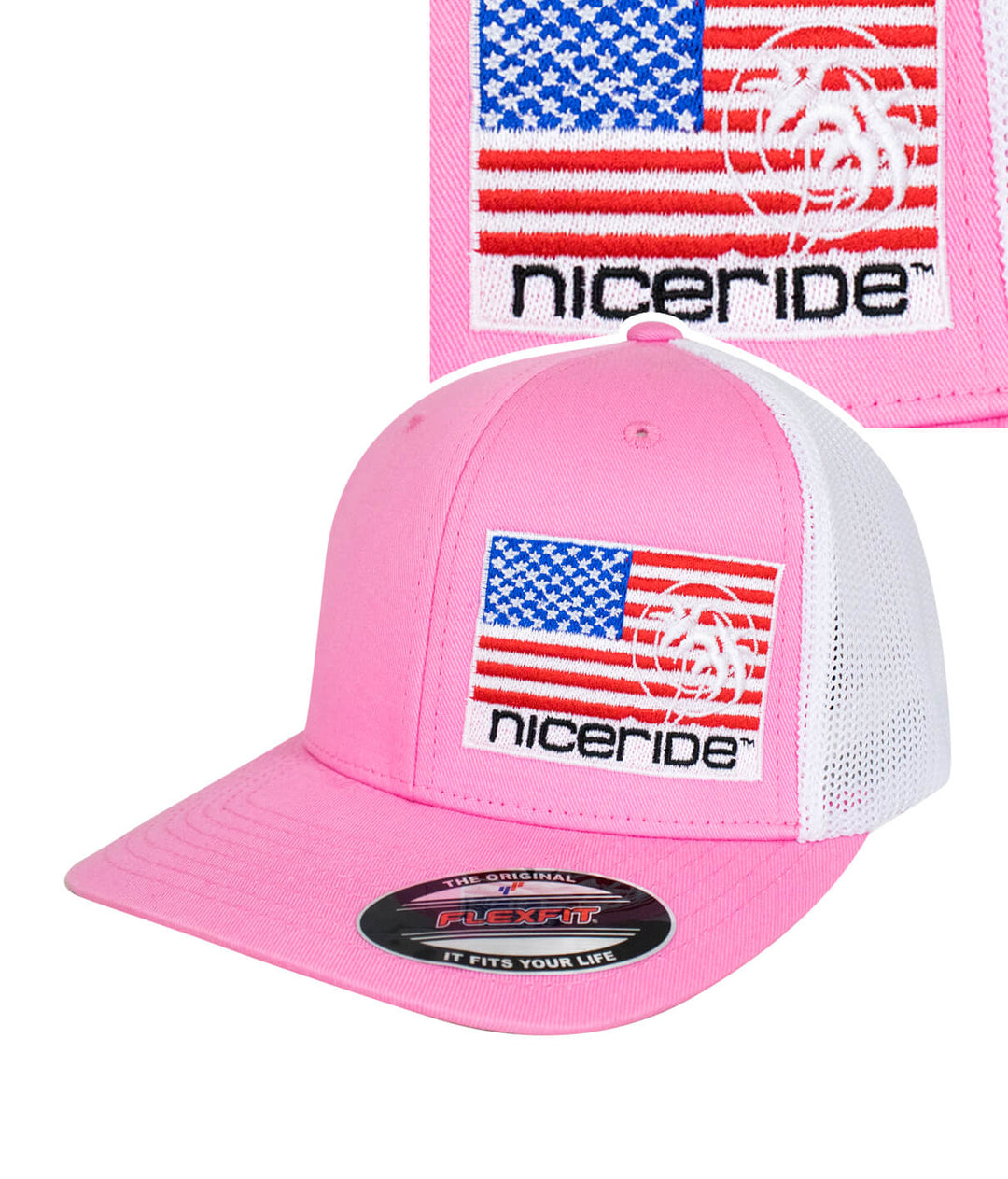 Pride - LP Meshback Flexfit Hat featuring American flag and NICERIDE logo, vibrant pink color, perfect summer hat.